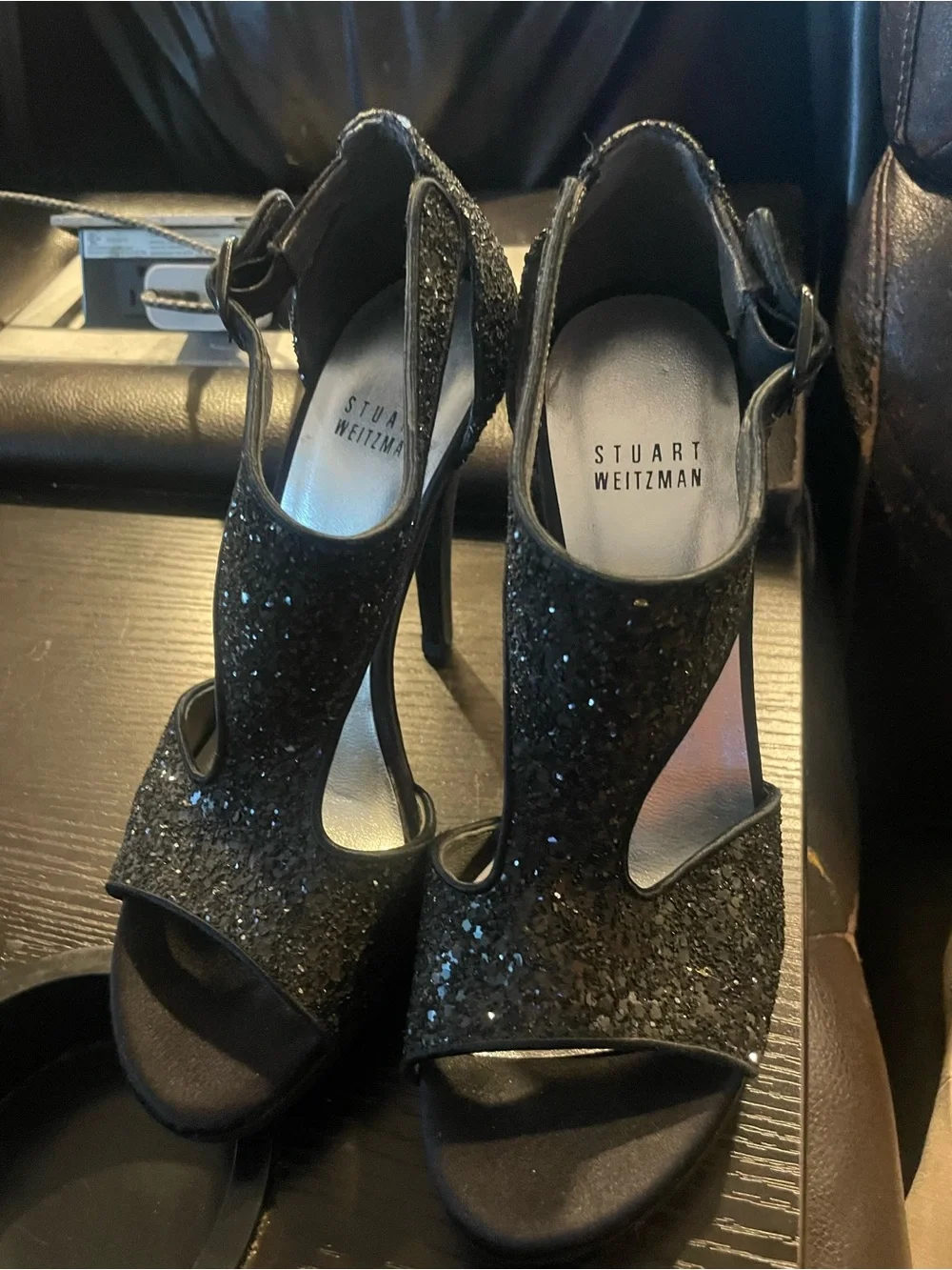 Stuart Weitzman Black Glitter T-Strap Heels Size 6